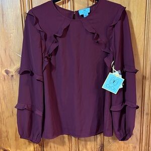 NWT CeCe Women's Plum Ruffle Blouse - Long Sleeve - Size Small